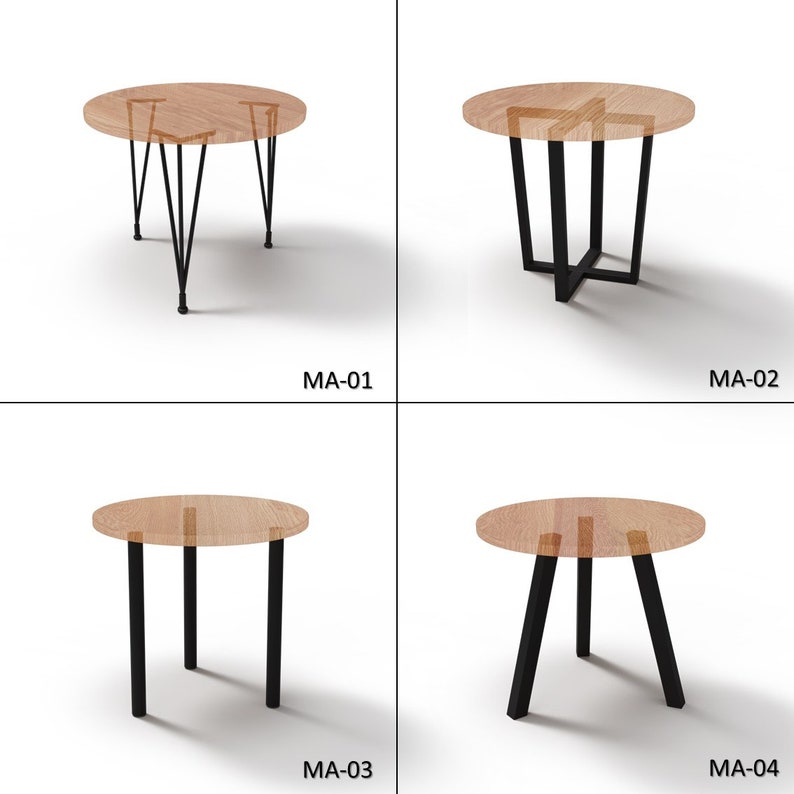 K&ouml;nnte beinhalten: Vier verschiedene Arten von runden Holztischen mit schwarzen Metallbeinen. Die Tische sind in einem Raster angeordnet. Der Tisch oben links hat ein einfaches Design mit vier Beinen. Der Tisch oben rechts hat ein komplexeres Design mit einer kreuzf&ouml;rmigen Basis. Der Tisch unten links hat ein einfaches Design mit drei Beinen. Der Tisch unten rechts hat ein komplexeres Design mit einer kreuzf&ouml;rmigen Basis.