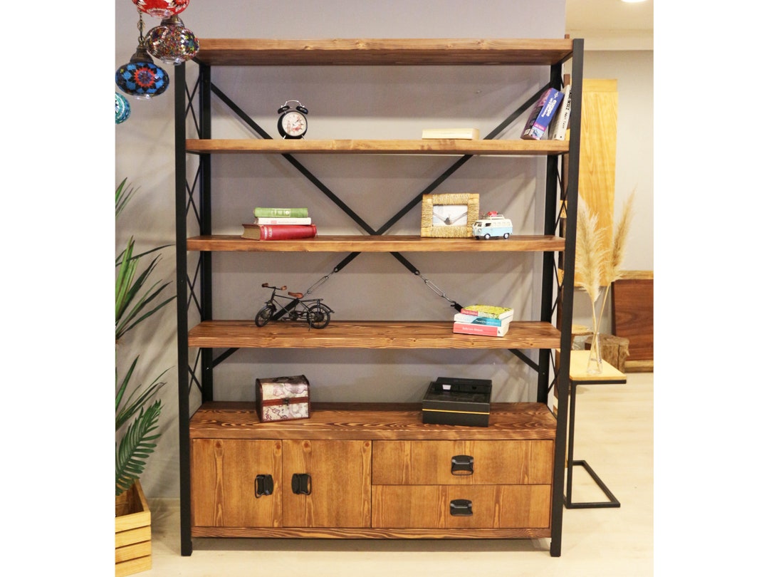Industrial bookcase with drawers discount