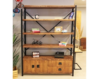 Industrial Bookcase with Doors and Drawers - Cross X / Wooden Shelves and Metal Frame / Loft Style Bookshelf