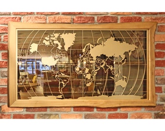 World Map Decor / Laser Cut Metal Wall Decor / Handmade Design Bronze Mirror and Walnut Wood Frame