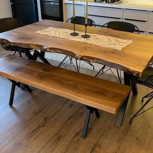 walnut wood dining table and bench