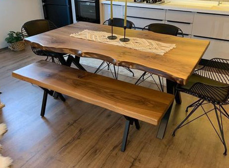 walnut wood dining table and bench