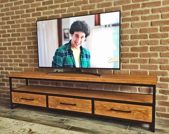 Natural Wood Tv Stand - Carmen / Solid Wooden and Metal Media Console / Modern Industrial Style Tv Unit / Wood and Steel Tv Stand