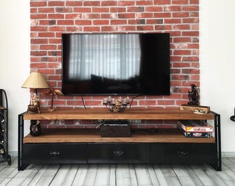 Solid Wood and Metal Tv Stand - Rokko Loft / Industrial Style Tv Unit / Natural Wooden Media Console / Loft Style Media Center