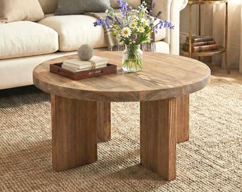 Rustic Round Coffee Table – Real Solid Wood Handmade Sofa Table for Cozy Living Spaces