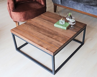 Mesa de centro cuadrada de madera maciza - cubo, mesa de centro con patas de madera rústica y metal, mesa de centro de granja, mesa de centro de campo