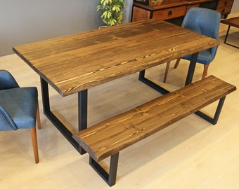 Farmhouse Dining Table and Bench / Solid Wood Kitchen Table with Metal Legs / Rustic Dining Room Table