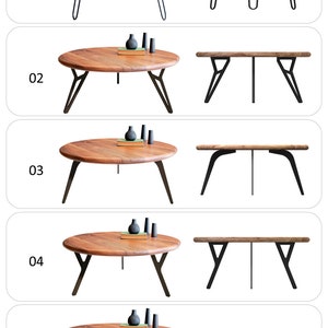 May include: Five different styles of wooden coffee tables with black metal legs. Each table has a round top and is shown with decorative items on top.