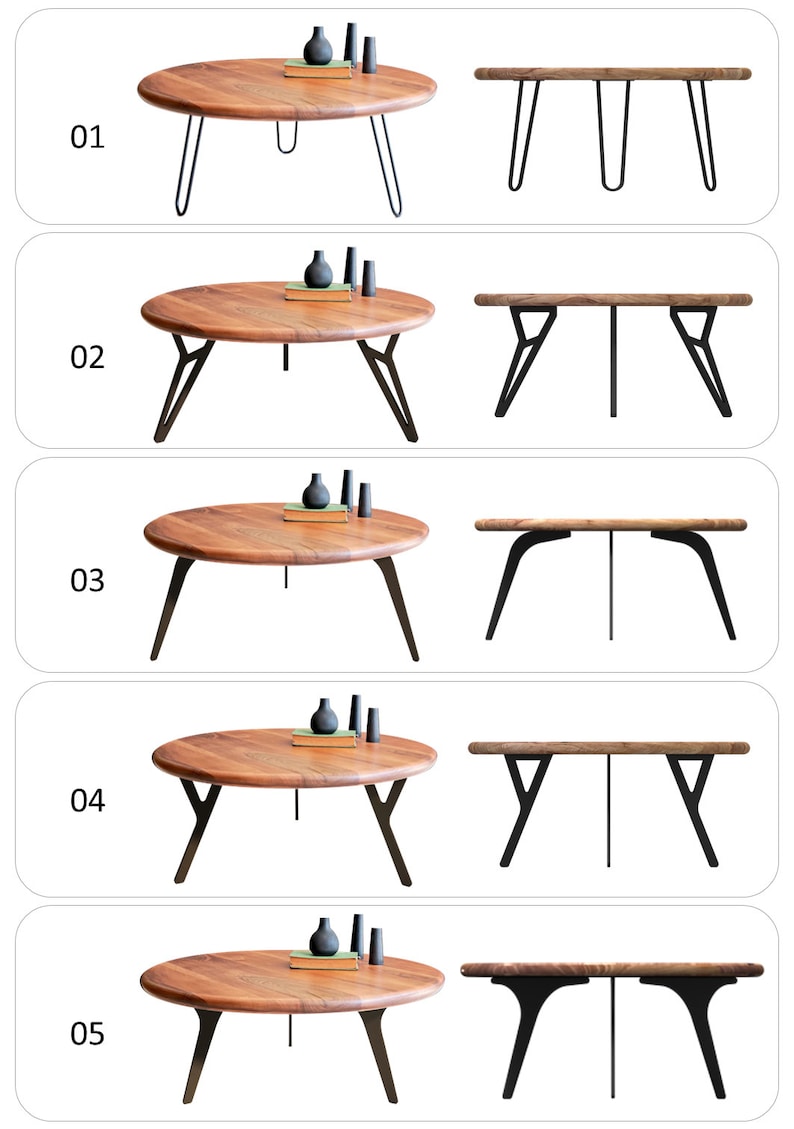 May include: Five different styles of wooden coffee tables with black metal legs. Each table has a round top and is shown with decorative items on top.