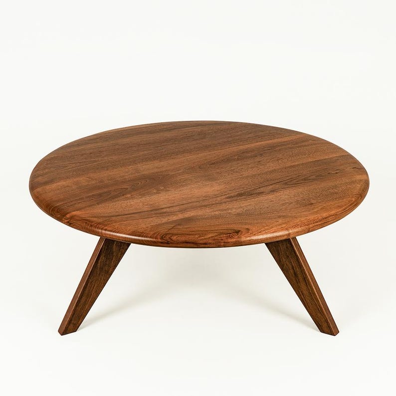 Round Wood Walnut Coffee Table – Handmade Solid Wooden Japandi Mid Century Living Room Table image 2
