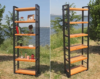 Solid Wood Bookcase with Metal Racks - Rokko / Handmade Wooden Bookshelf / Rustic Design Bookshelf / Personalization Custom Colors