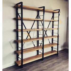 Large Bookcase with Solid Wood Shelves - Timber X , Industrial Wooden Bookcase with Metal Racks , Object Display and Library Unit