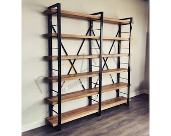 Large Bookcase with Solid Wood Shelves - Timber X , Industrial Wooden Bookcase with Metal Racks , Object Display and Library Unit