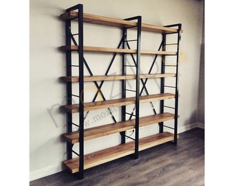 Large Bookcase with Solid Wood Shelves - Timber X , Industrial Wooden Bookcase with Metal Racks , Object Display and Library Unit