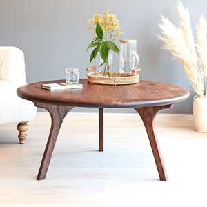 Walnut Round Coffee Table , Mid Century Modern Wooden Coffee Table , Unique Solid Wood Round Coffee Table