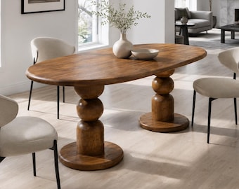 Oval Dining Table Solid Wood , Mid Century Modern Walnut Kitchen Table , Sculptural Pedestal Base