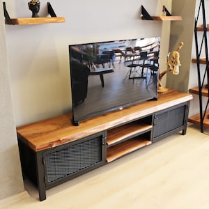 Solid Walnut Wood and Metal Tv Unit Mass / Natural Wooden and Steel Media Console / Industrial Style Tv Stand / Loft Style Tv Console image 2