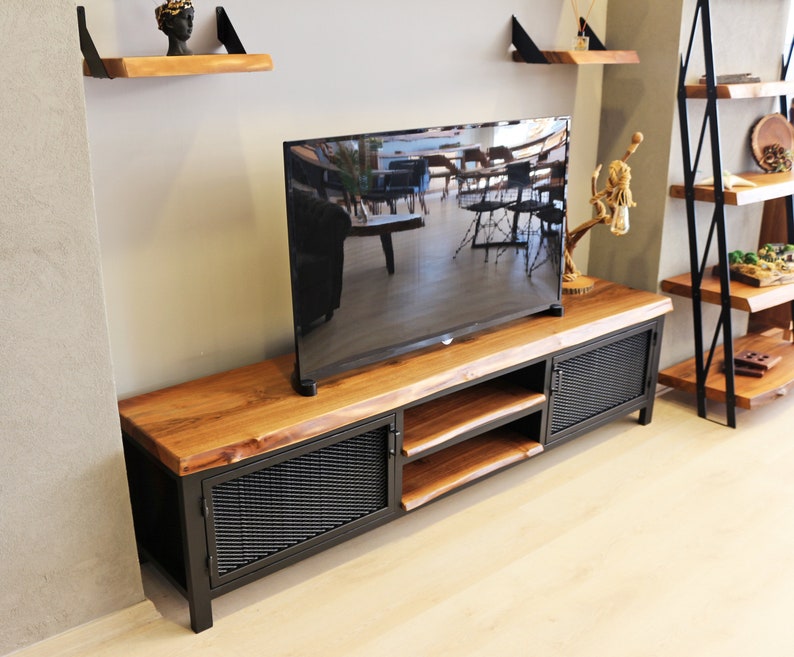 Solid Walnut Wood and Metal Tv Unit Mass / Natural Wooden and Steel Media Console / Industrial Style Tv Stand / Loft Style Tv Console image 2