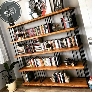 Decorative Solid Wood Bookshelf / Industrial Design Open Bookcase and Object Display / Wood and Metal Shelving Unit