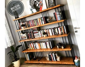 Decorative Solid Wood Bookshelf / Industrial Design Open Bookcase and Object Display / Wood and Metal Shelving Unit