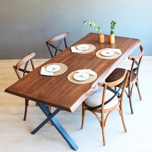 Live Edge Dining Table , Solid Wood Dining Table , Farmhouse Kitchen Table , Rustic Wooden Table , Handmade Custom Metal Leg Table