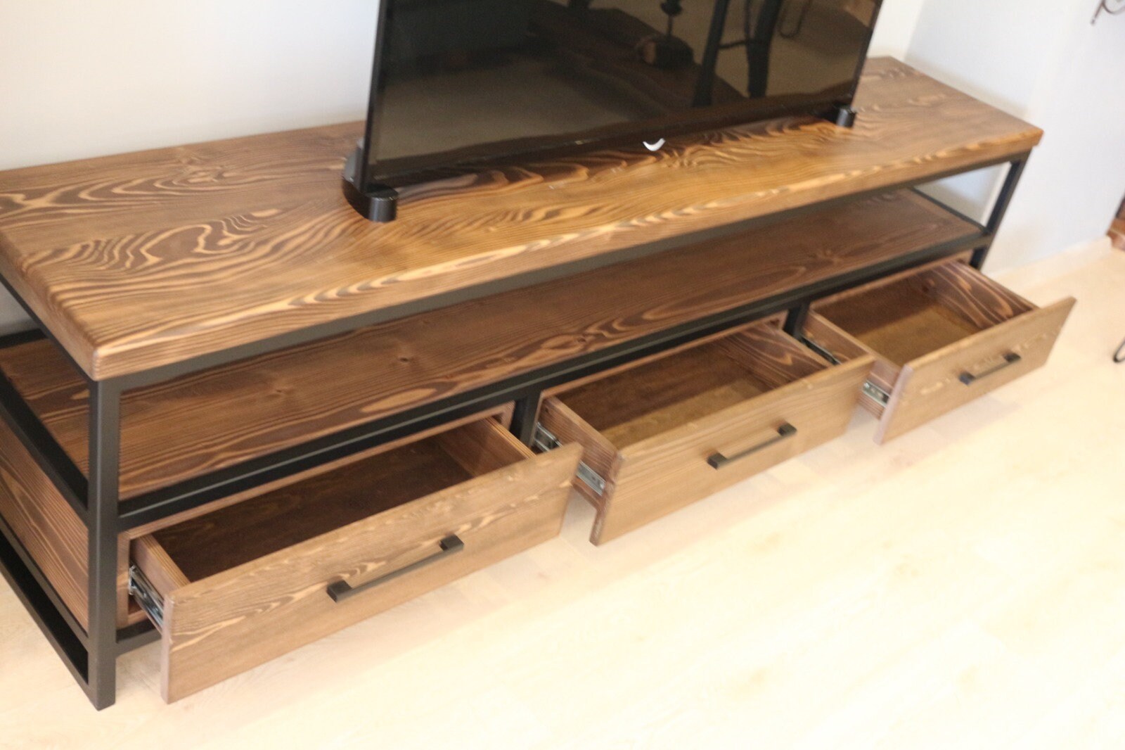 Wood and Steel Tv Stand Carmen/ Natural Solid Wood and Metal | Etsy