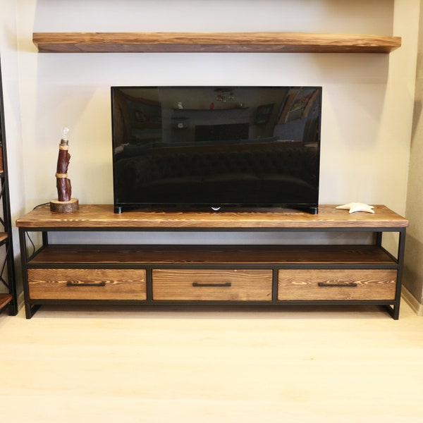 Wood and Steel Tv Stand - Carmen/ Natural Solid Wood and Metal Tv Unit / Modern Industrial Media Console / Loft Style Entertainment Center