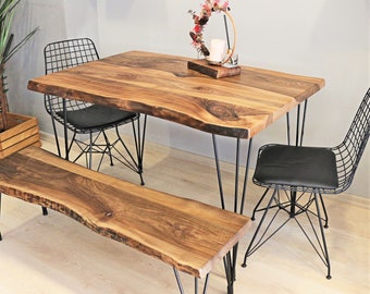 Solid Walnut Wood Dining Table , Live Edge Table with Metal Legs, Rustic Wooden Table, Farmhouse Kitchen Table
