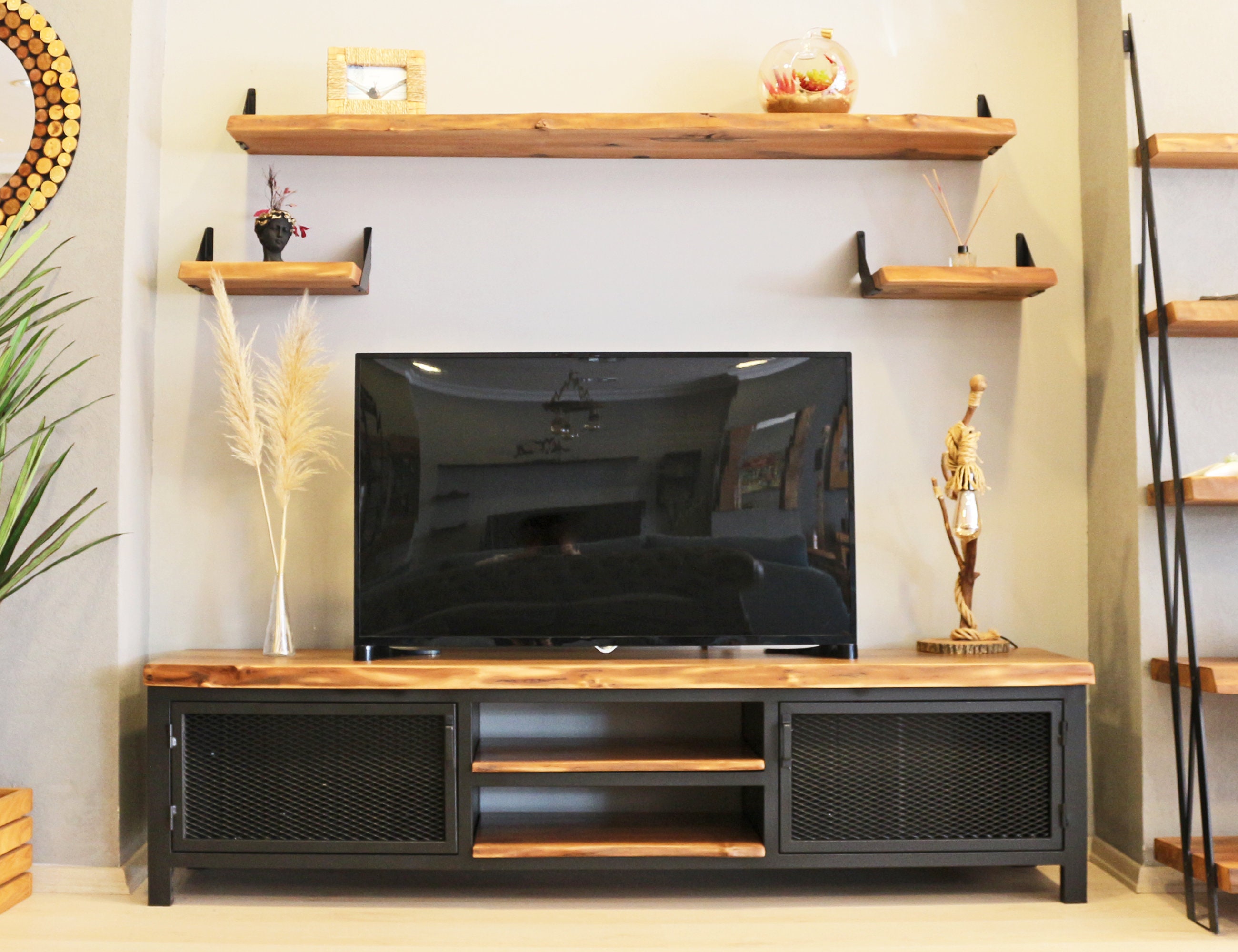 Solid Walnut Wood and Metal Tv Unit mass / Natural Wooden and - Etsy UK