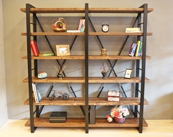 Estantería de madera maciza y metal - Timber X / Librería de granja decorativa hecha a mano / Unidad de exhibición y estantería de objetos