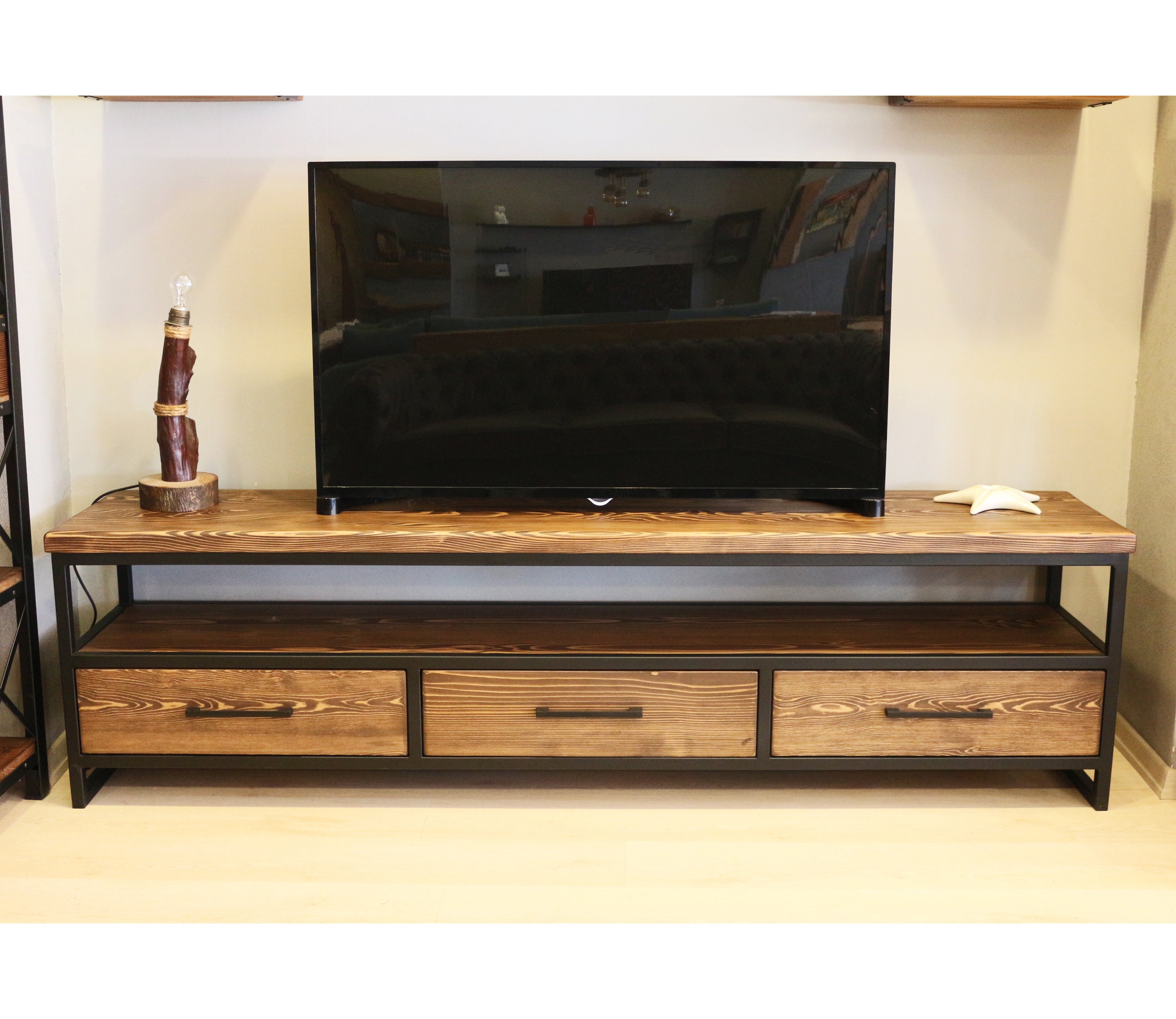 Wood and Steel Tv Stand Carmen/ Natural Solid Wood and Metal Etsy
