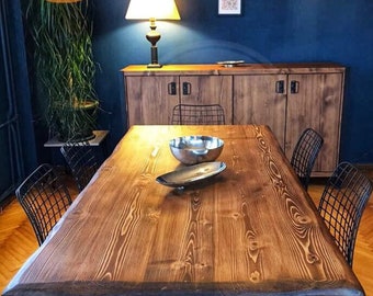 Mesa de madera maciza de mediados de siglo, mesa de comedor moderna, mesa de comedor de granja con patas de metal