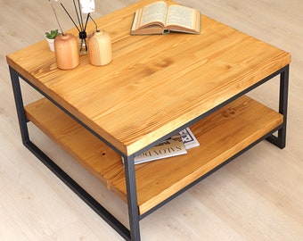 Coffee Table with Storage, Farmhouse Square Coffee Table , 2 Tier Industrial Solid Wood Coffee Table