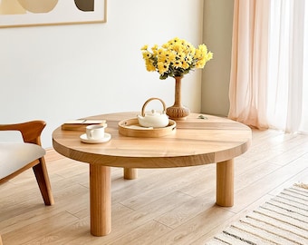 Ronde houten salontafel , handgemaakte notenhouten Japandi salontafel , Wabi Sabi-stijl woonkamertafel , lage banktafel