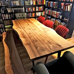 Walnut Wood Live Edge Dining Table and Bench - Handcrafted , Solid Wooden Dine Table , Rustic Farmhouse Kitchen Table
