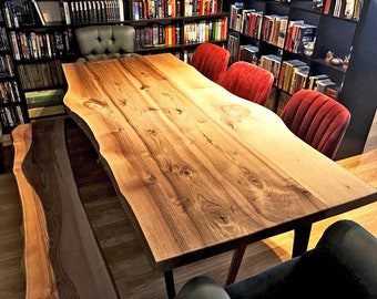 Walnut Wood Live Edge Dining Table - Handcrafted Solid Wooden Kitchen Table , Rustic Farmhouse Style