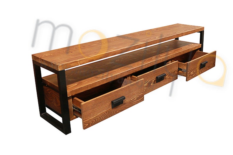 Solid Wood Tv Stand Rokko / Vintage Design Wood and Metal Tv Unit / Rustic Wood Media Console / Entartainment Center with Drawers image 4