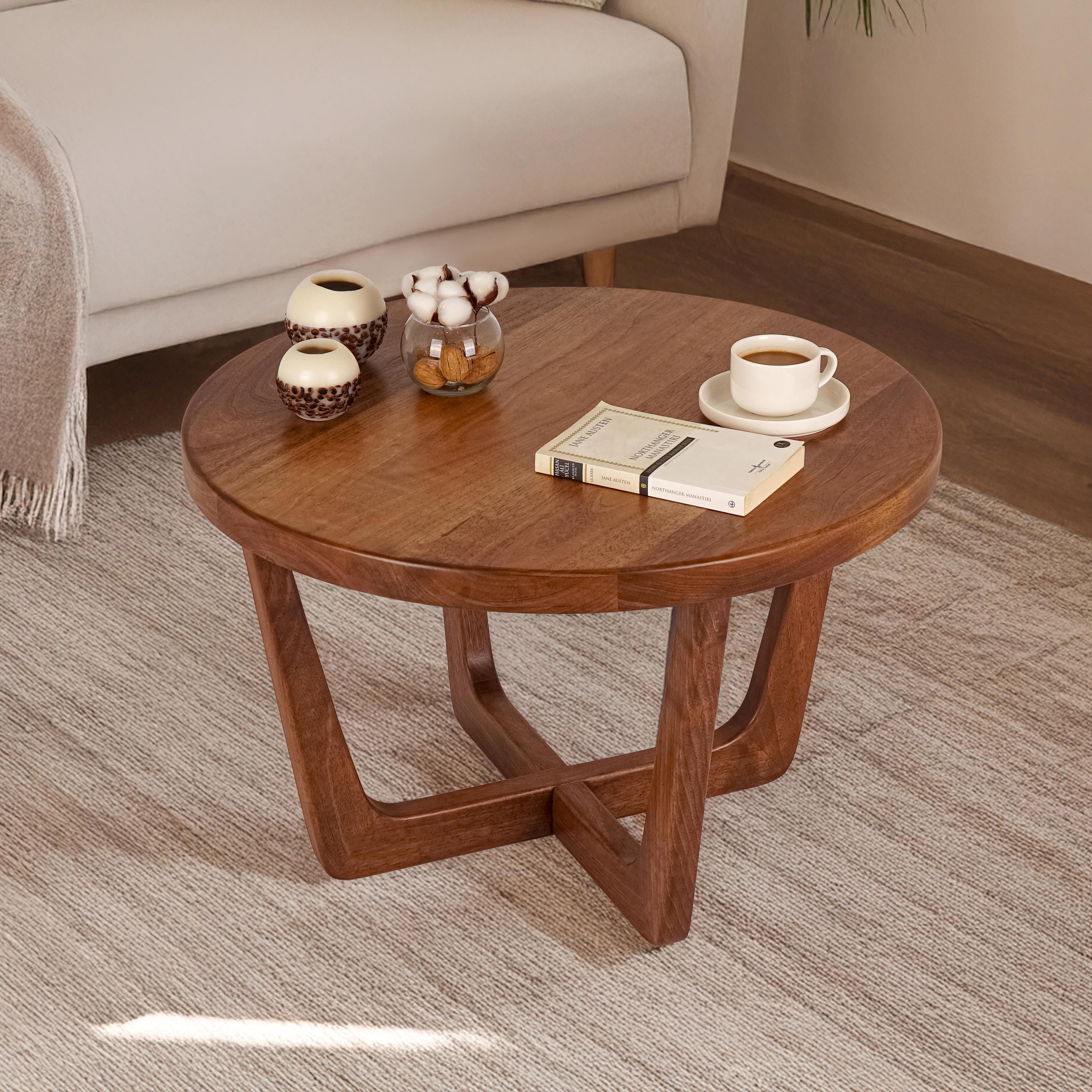 Mid Century Round Wood Coffee Table , Solid Walnut Round Coffe