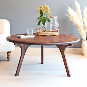 Walnut Round Coffee Table , Mid Century Modern Wooden Coffee Table , Unique Solid Wood Round Coffee Table