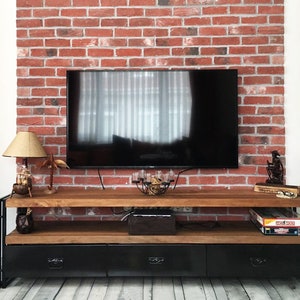 Solid Wood and Metal Tv Stand - Rokko Loft / Industrial Style Tv Unit / Natural Wooden Media Console / Loft Style Media Center