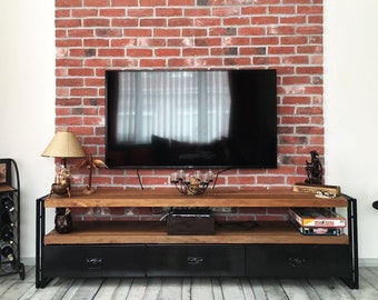 Solid Wood and Metal Tv Stand - Rokko Loft / Industrial Style Tv Unit / Natural Wooden Media Console / Loft Style Media Center