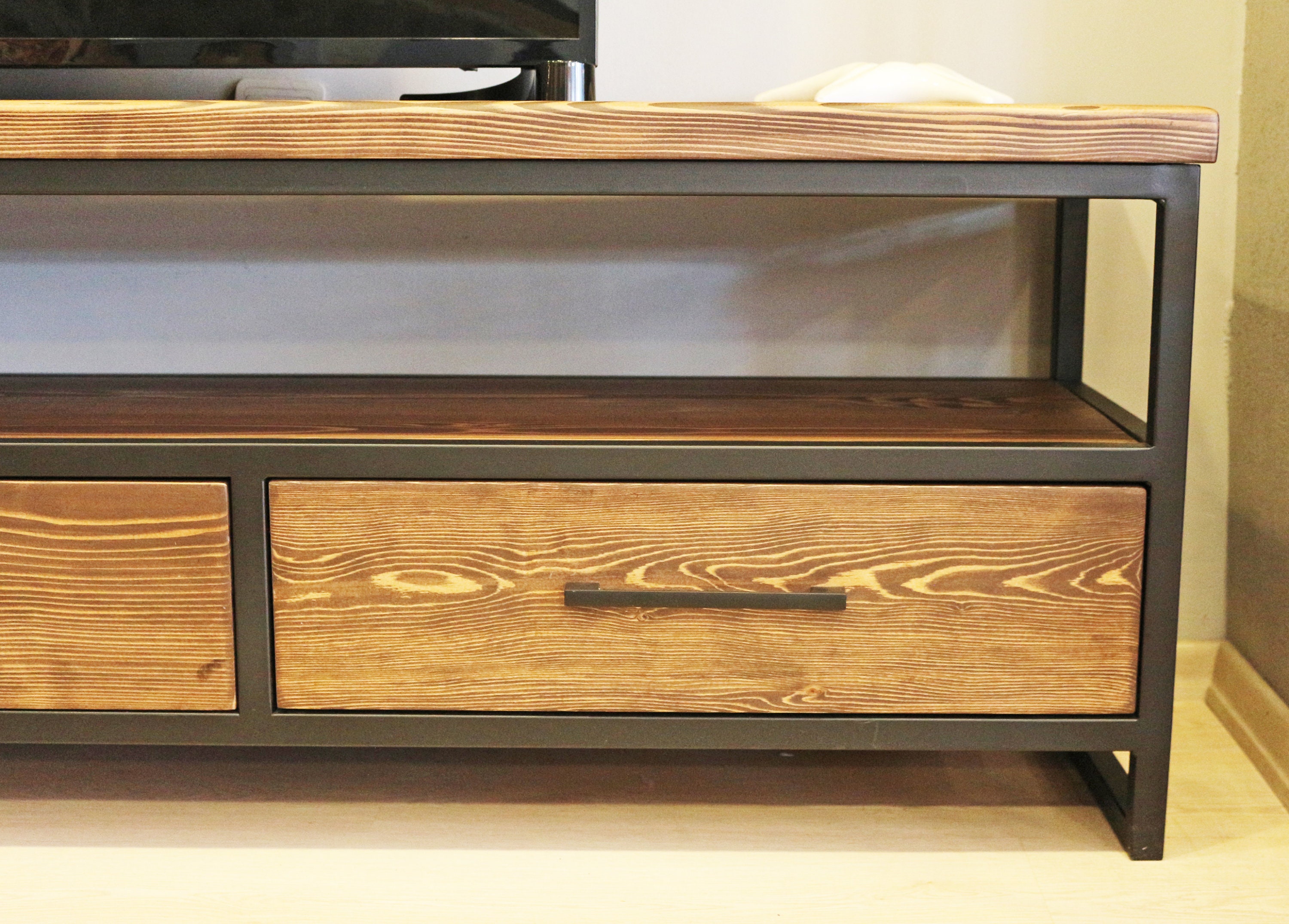 Wood and Steel Tv Stand Carmen/ Natural Solid Wood and Metal | Etsy