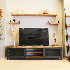 Solid Walnut Wood and Metal Tv Unit -Mass / Natural Wooden and Steel Media Console / Industrial Style Tv Stand / Loft Style Tv Console