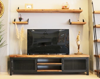 Massief walnoothout en metalen tv-meubel - Massa / natuurlijke houten en stalen mediaconsole / tv-meubel in industriële stijl / tv-console in loftstijl