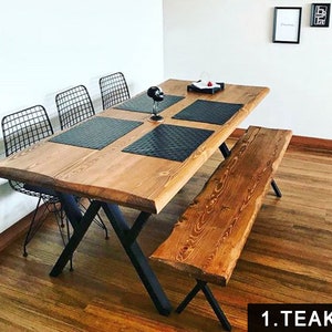 teak color solid wood dining table with bench