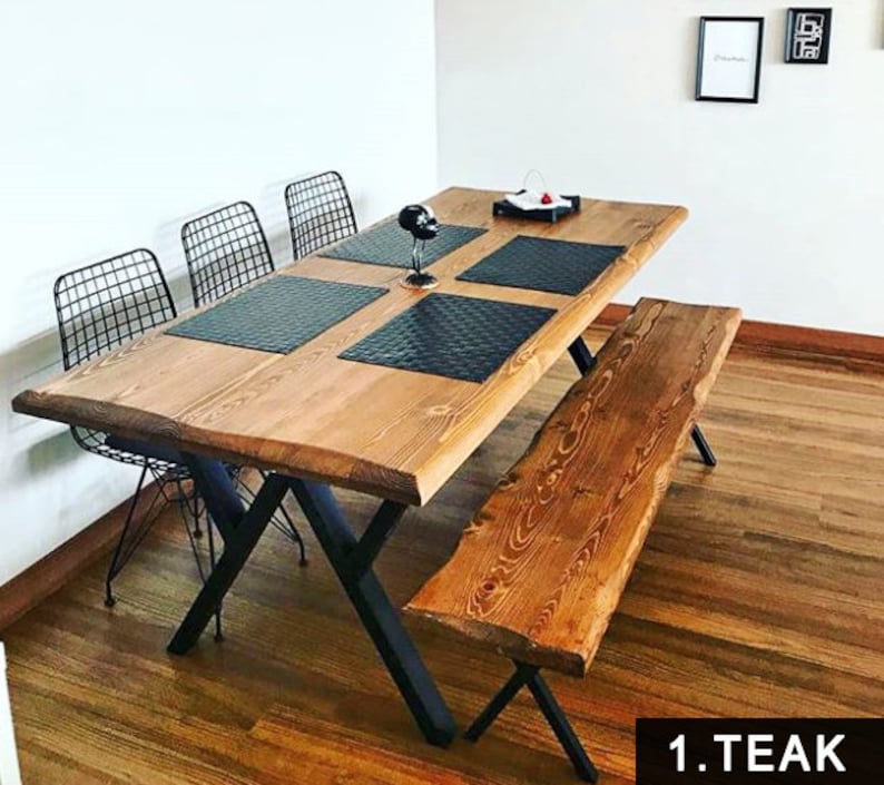 teak color solid wood dining table with bench