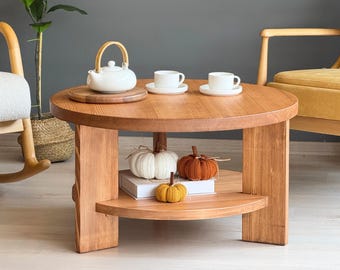 Round Storage Coffee Table , Solid Wood Sofa Table with Shelf , 2 Tier Rustic Table for Living Room