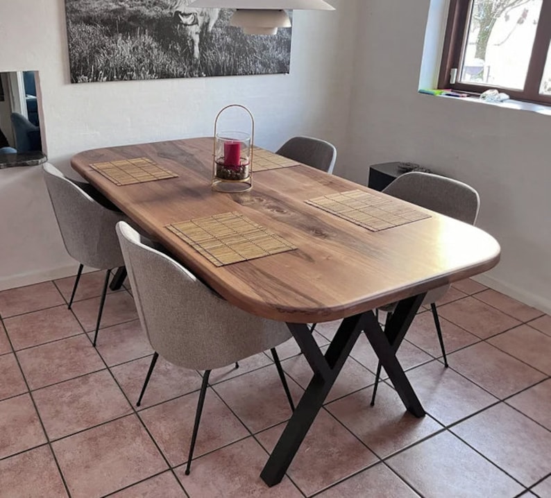 Mid Century Dining Table , Handmade Solid Wood Table With Metal Legs , Black Walnut Dining Table image 9