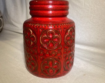 Red mid-century vase with floral pattern from Scheurich w Germany