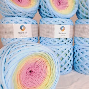 Crochet tshirt yarn, Textile yarn. Gradient knitted yarn, Hand-dyed yarn, Crochet bag yarn Multicoloured T-shirt yarn, Blue-yellow-pink gr.